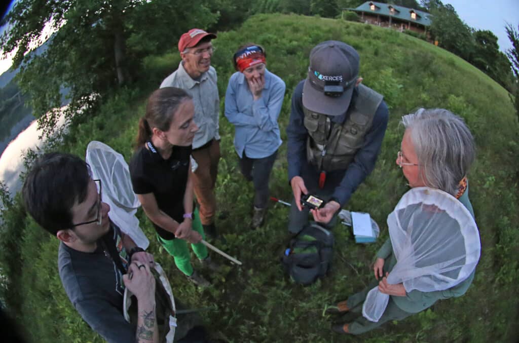 Six people standing in a circle in a grassy field by a lake. Several of them are holding butterfly nets, and they are all looking at the back of a camera.