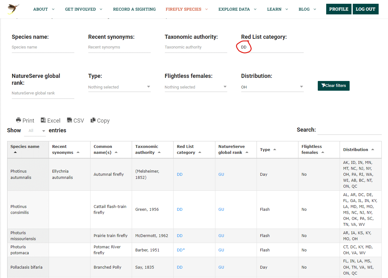 Screenshot of a spreadsheet of firefly species and filters that can be applied to these species. The spreadsheet is filtered to fireflies with the Red List category "DD" and the distribution "Ohio."